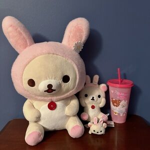NEW Korilakkuma Pink Set 16”/6” Rilakkuma Bunny Ears Plush, Keychain And Tumbler